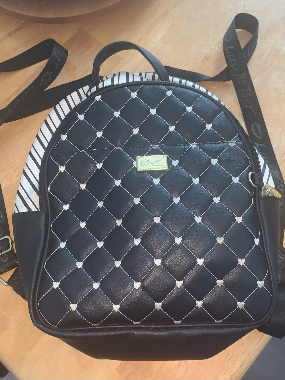 Betsey Johnson -Black Quilted Backpack with White Stitching